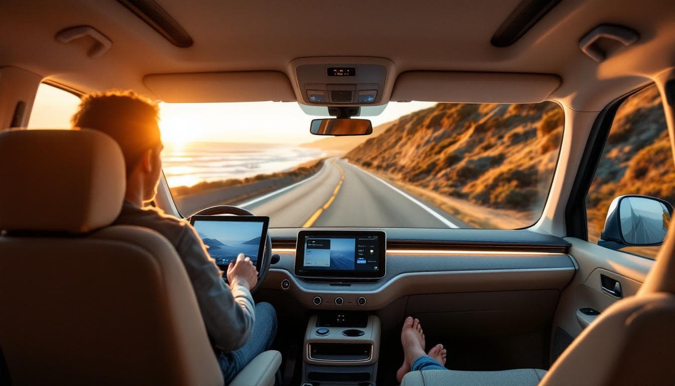 Passenger relaxing with tablet while Wayhaven drives on coastal highway
