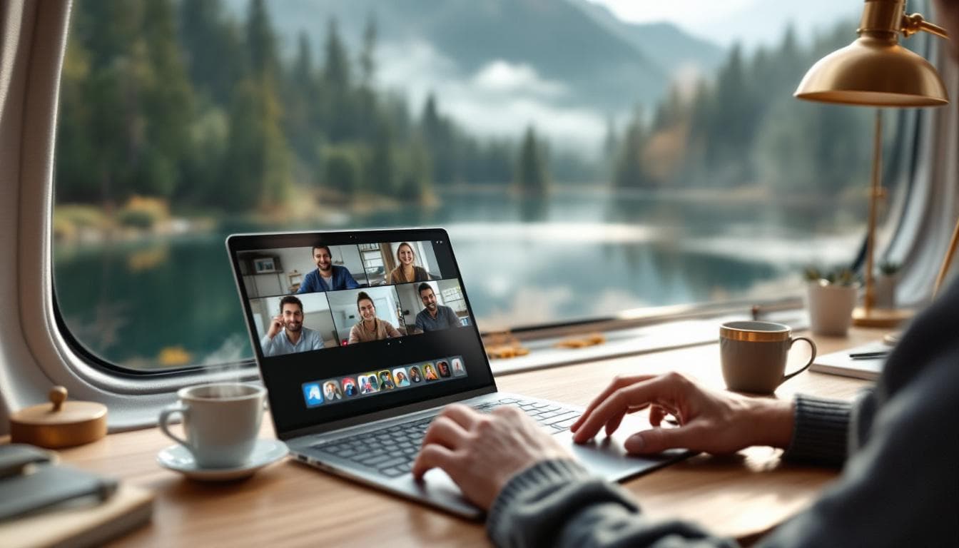 Video call from Wayhaven - laptop, mountain lake view through window