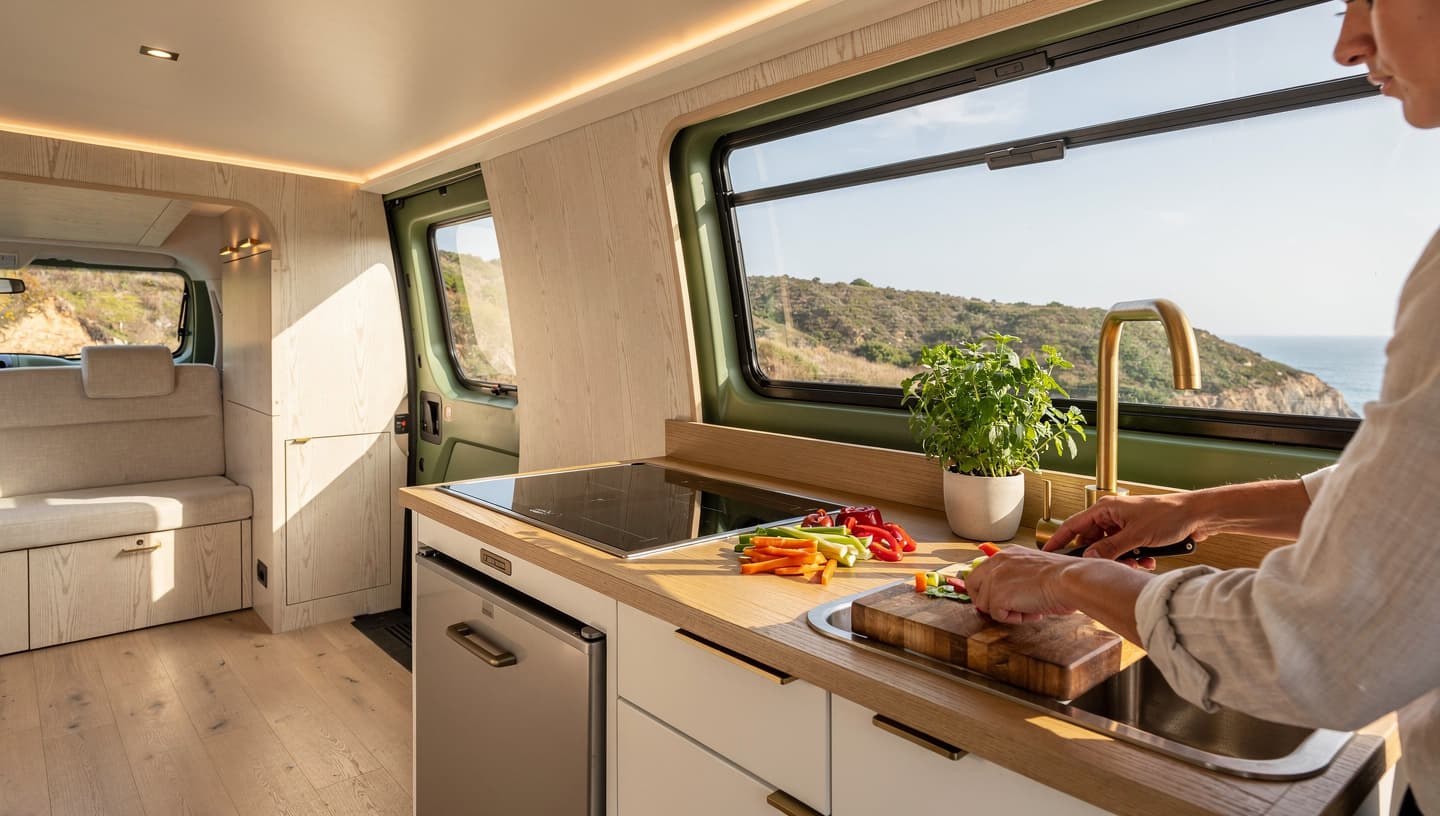 Wayhaven kitchen - induction cooking with coastal view