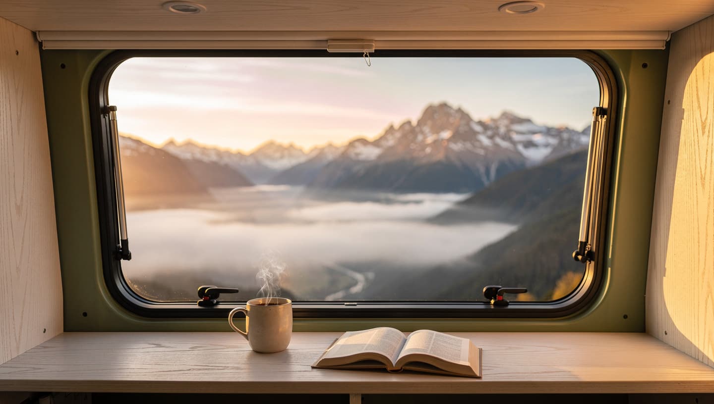 Morning coffee view from inside Wayhaven - mountain valley sunrise