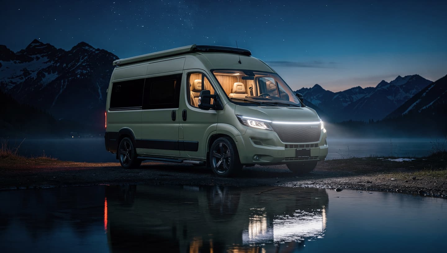 Wayhaven at mountain lake at night with LED bar glowing and stars