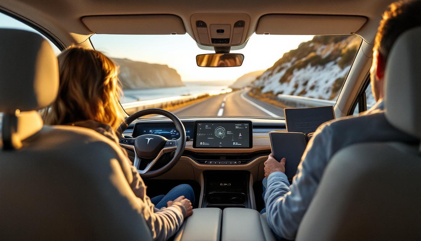 Two people in a vehicle reading and relaxing while it drives itself along a coastal highway
