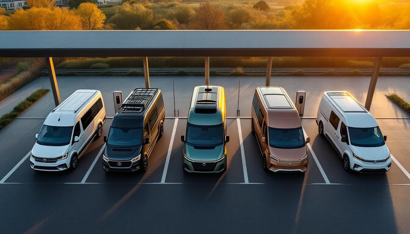 Aerial view of a future charging station with multiple mobile-living vehicles parked