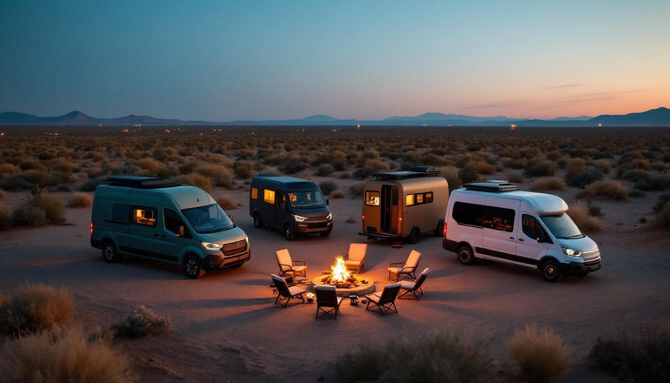 Aerial of three vans gathered in a desert canyon at sunset around a small fire