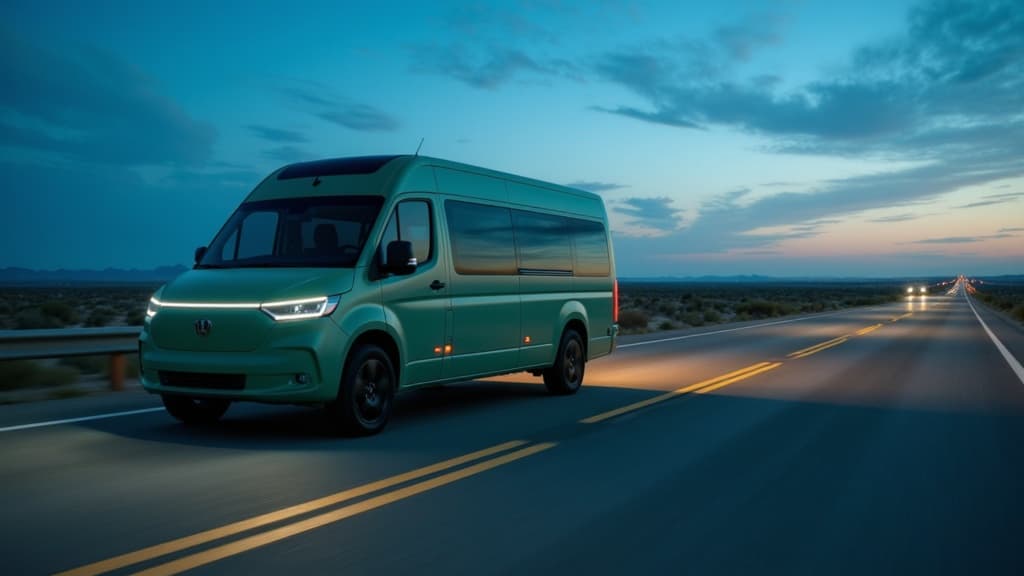 An electric van on a desert highway at twilight, headlights on, road stretching to vanishing point