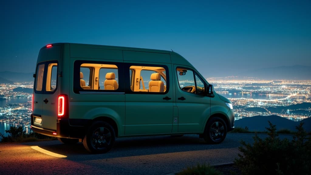 A van parked on a high ridge overlooking a city lights at night