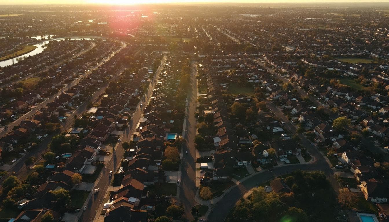 Aerial view of dense suburban housing showing the conventional dwelling pattern