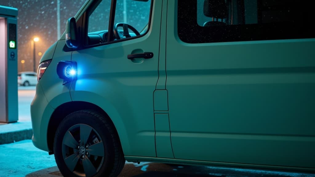 Detail of an electric van charging at night with snowfall, blue glow from the charging port