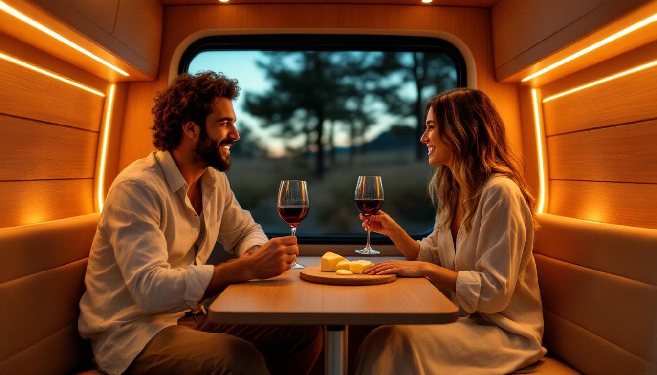 Two people sharing dinner inside a premium van interior at dusk