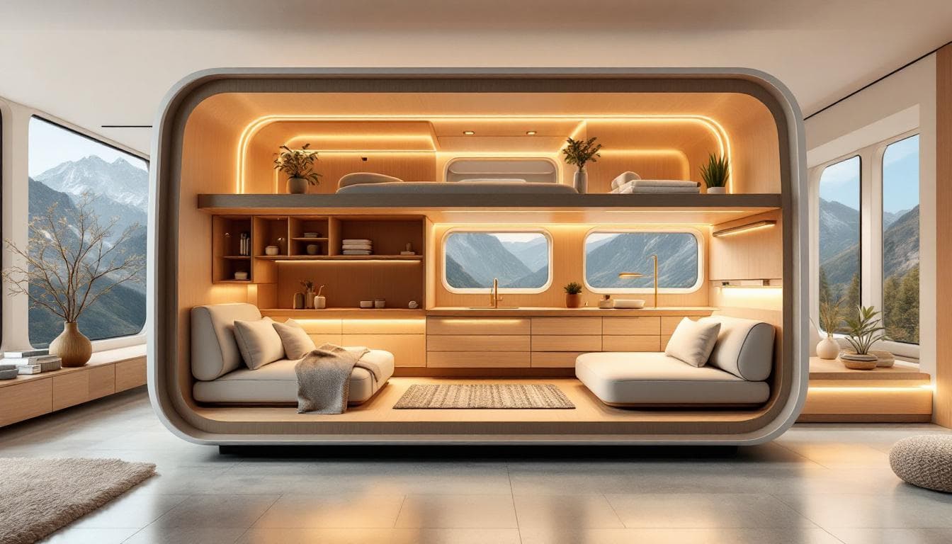A cross-section view of a designed mobile living interior with integrated layered systems