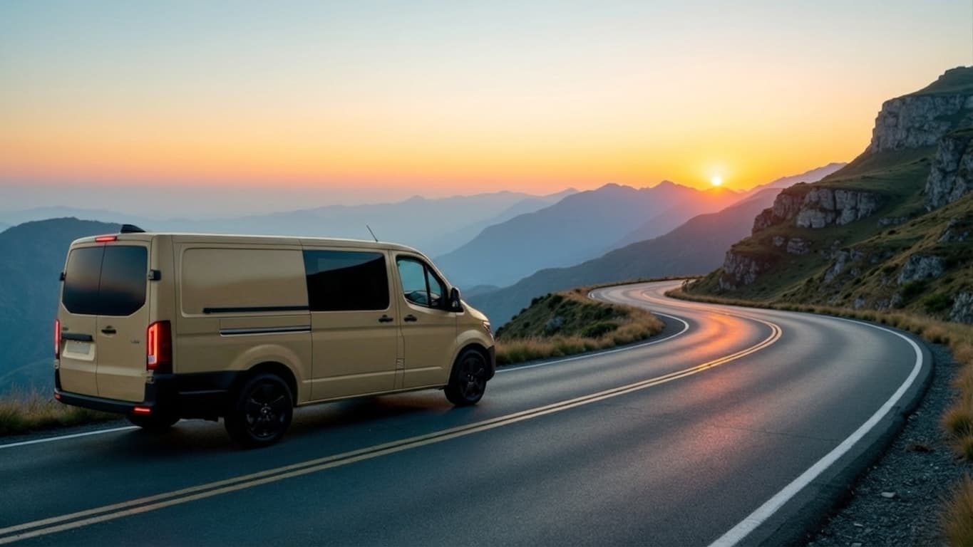 A van facing a mountain sunrise on an empty winding road, suggesting a new beginning